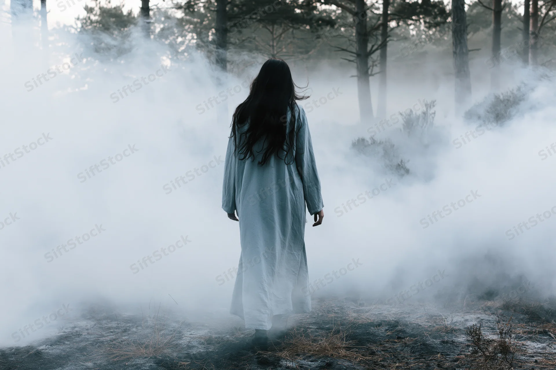 Woman in long white dress standing with back to camera in misty forest