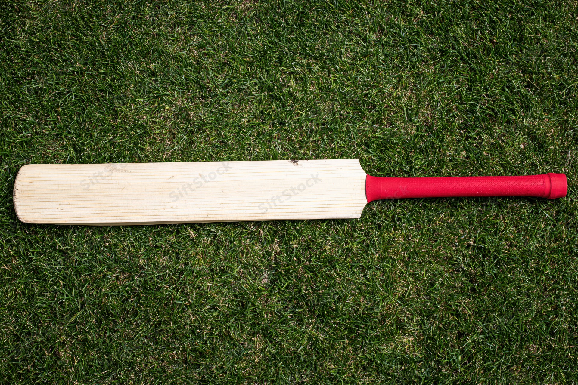 Wooden cricket bat with red grip lying flat on short green grass