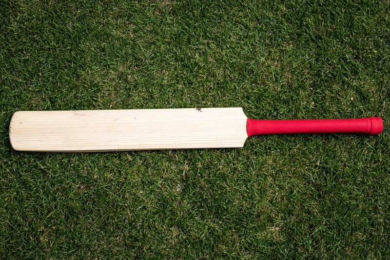 Wooden cricket bat with red grip lying flat on short green grass