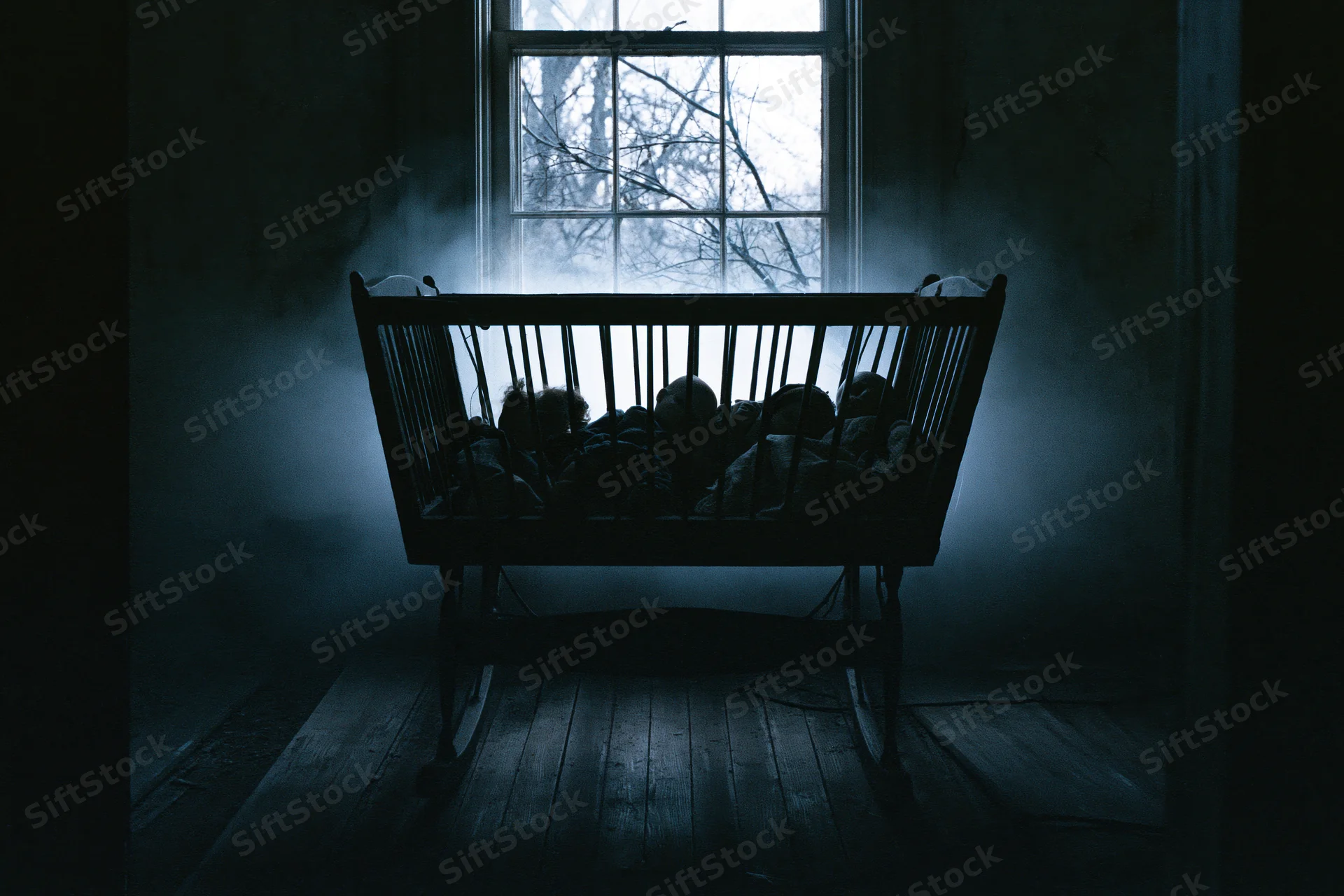 Antique wooden baby cradle in dark abandoned room with fog near window