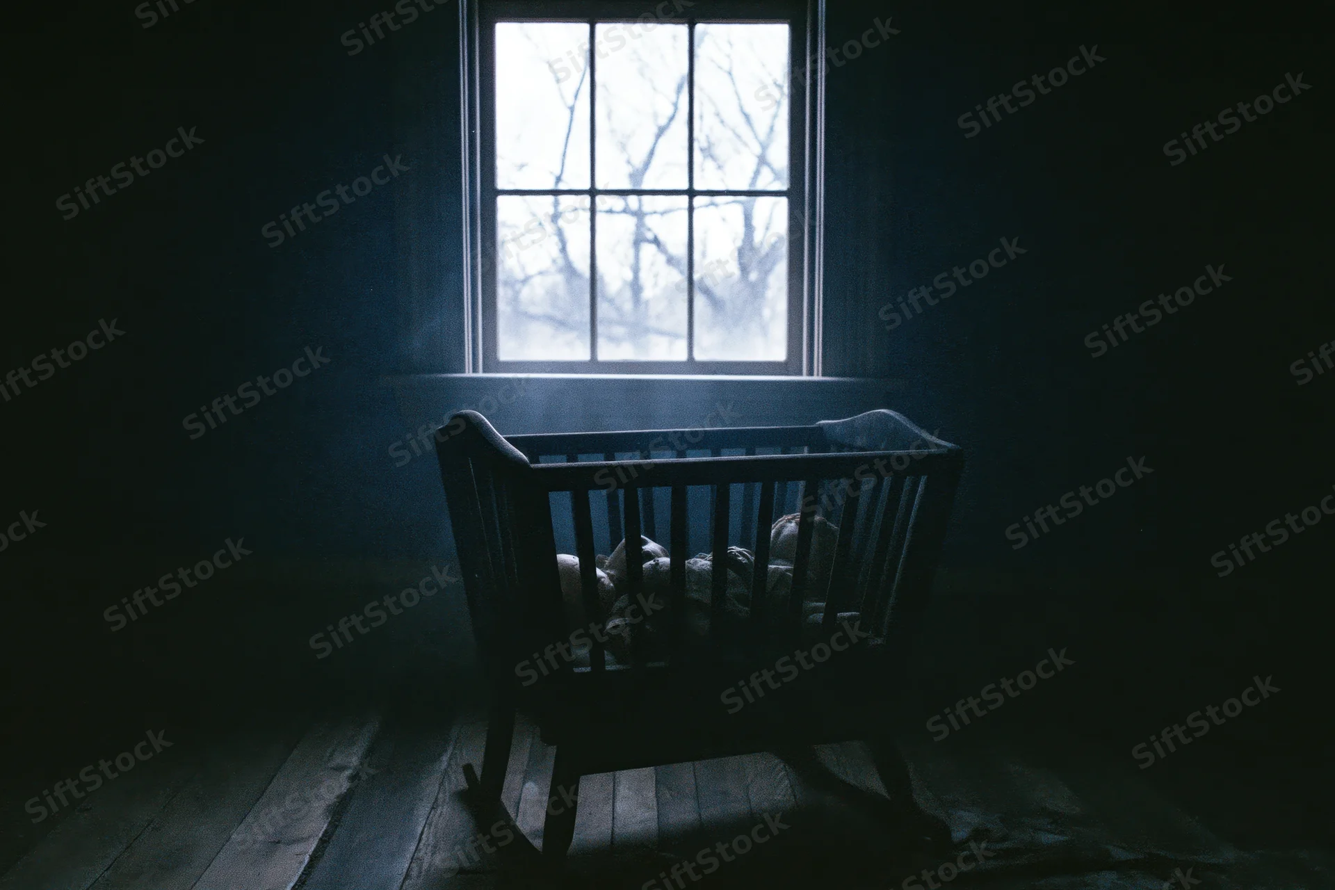 Antique wooden baby cradle in dim abandoned room with light from window