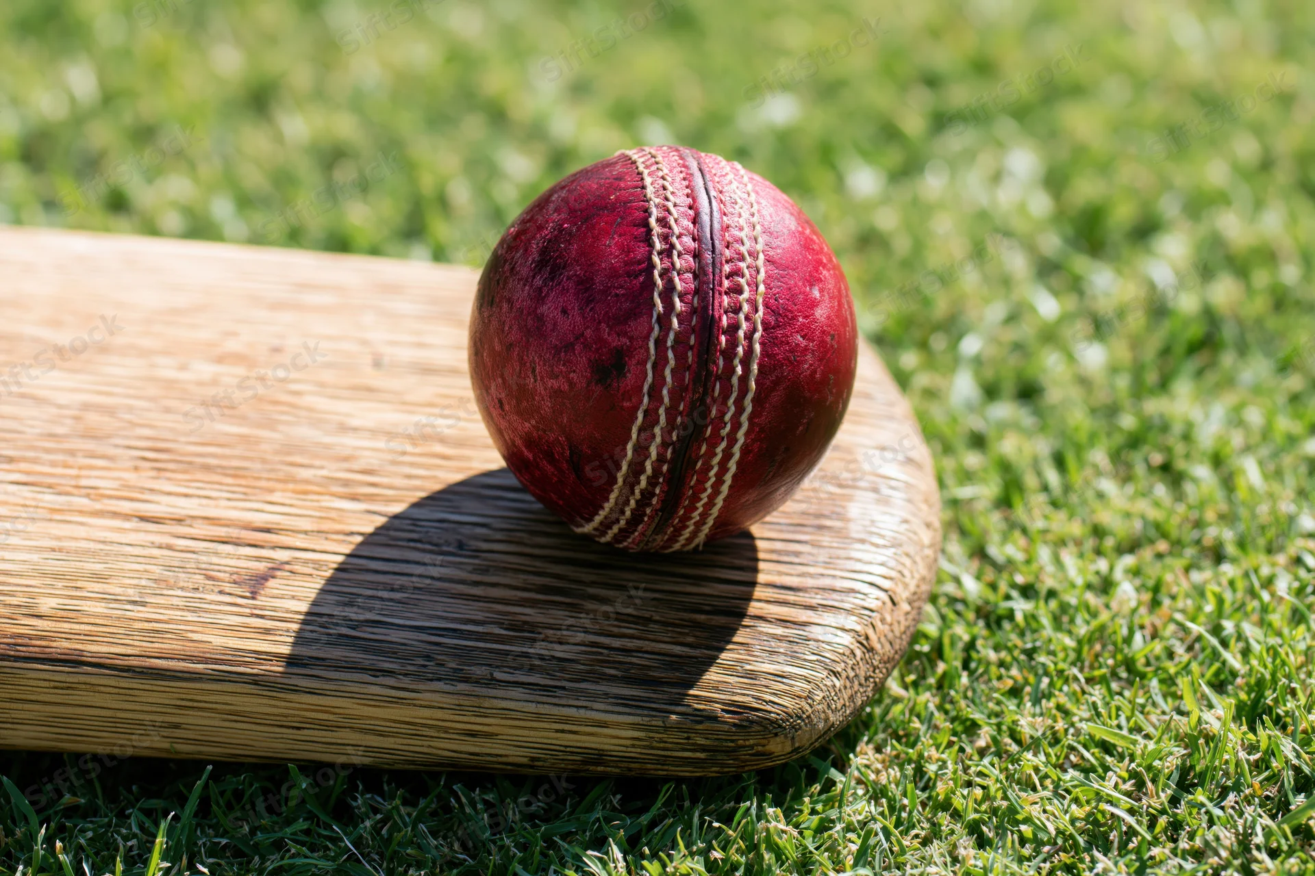 Worn red leather cricket ball resting on wooden bat on grass field