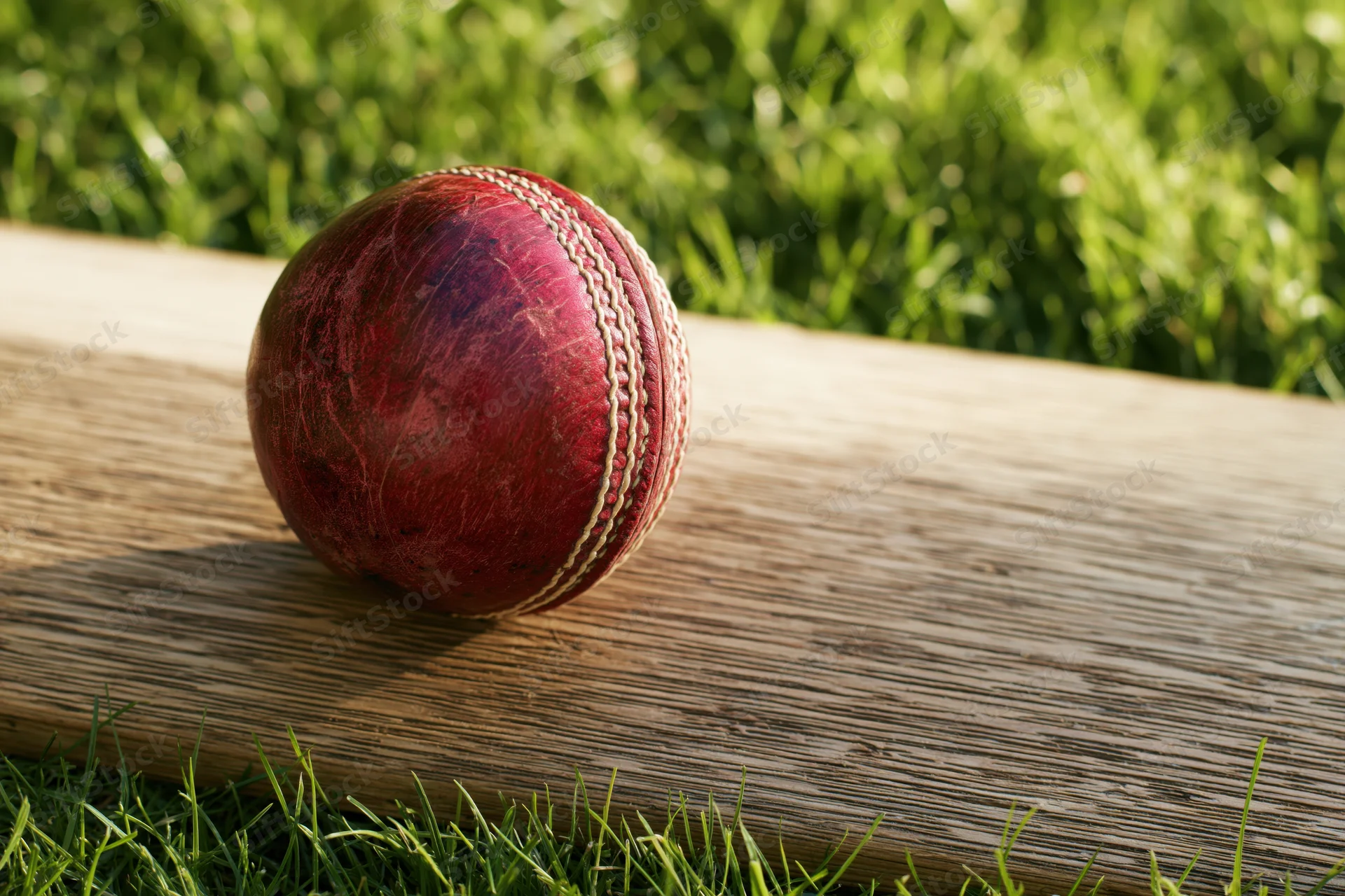 Worn red leather cricket ball resting on wooden bat on grass field