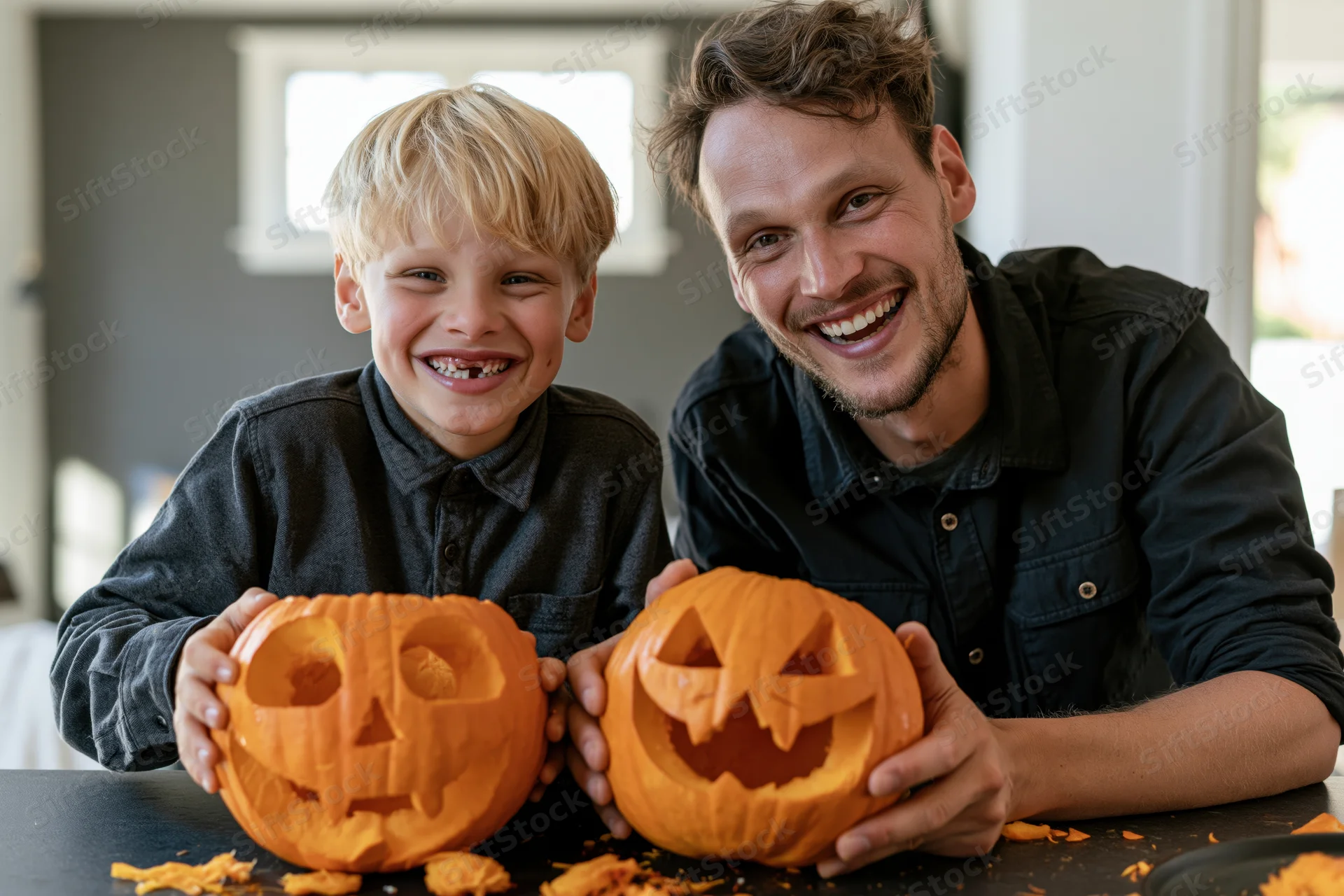 Father and son smiling while holding carved pumpkins at a kitchen table