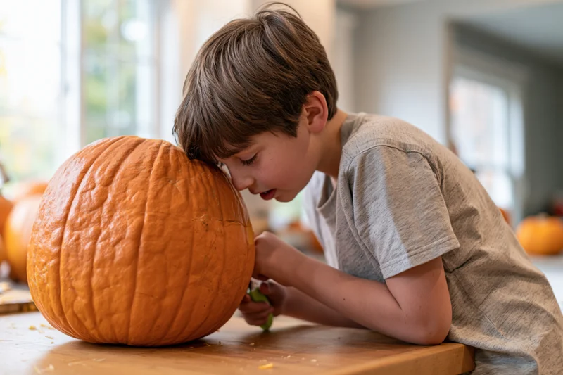Young boy carving a large orange pumpkin on a wooden kitchen table