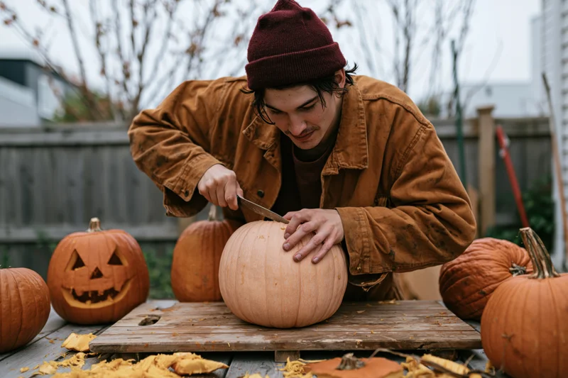 Young man carving a pumpkin on a wooden table in a backyard garden