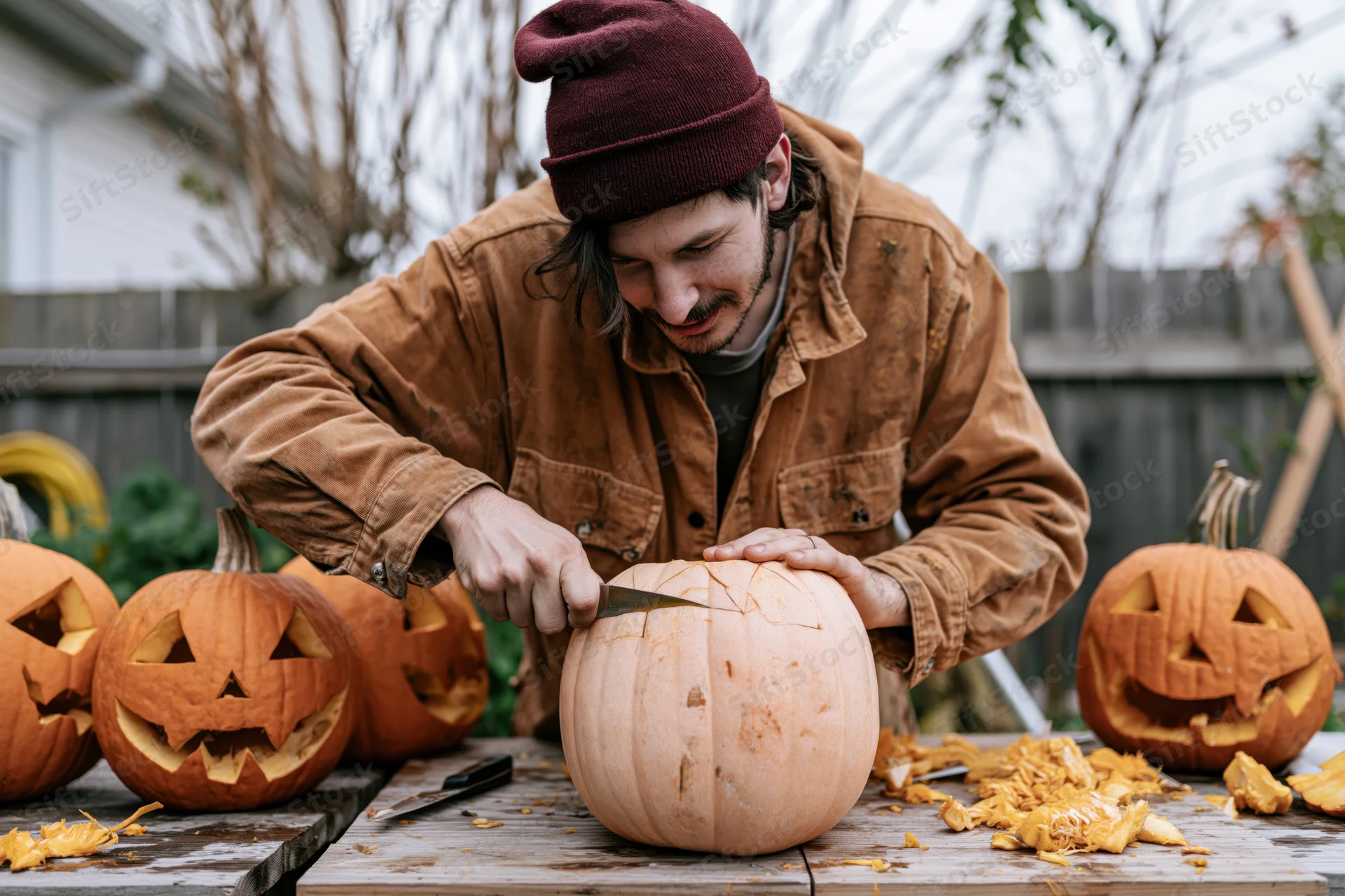 Young man carving a pumpkin on a wooden table outdoors during autumn