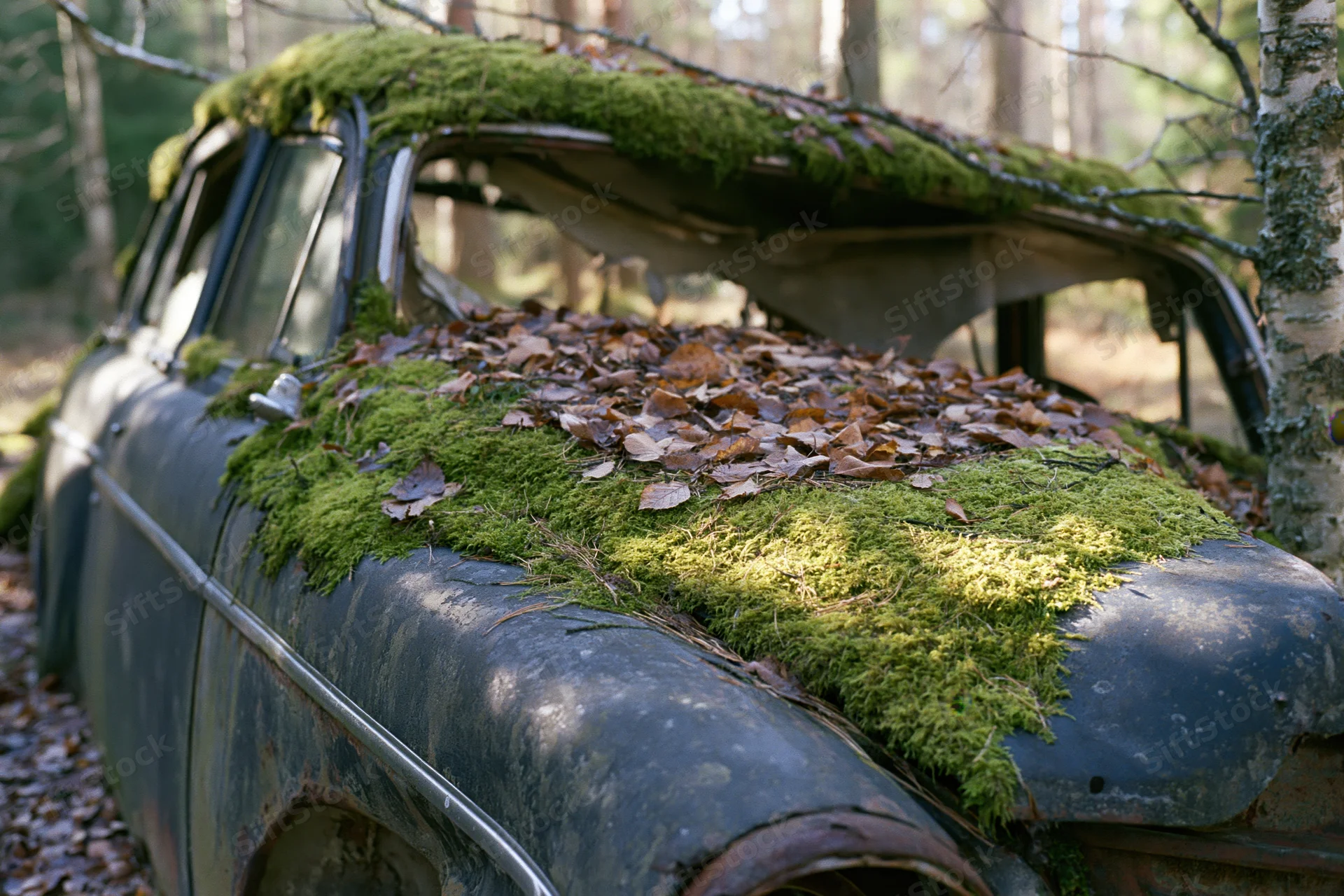 Moss-covered abandoned vintage sedan in a forest surrounded by trees and fallen leaves