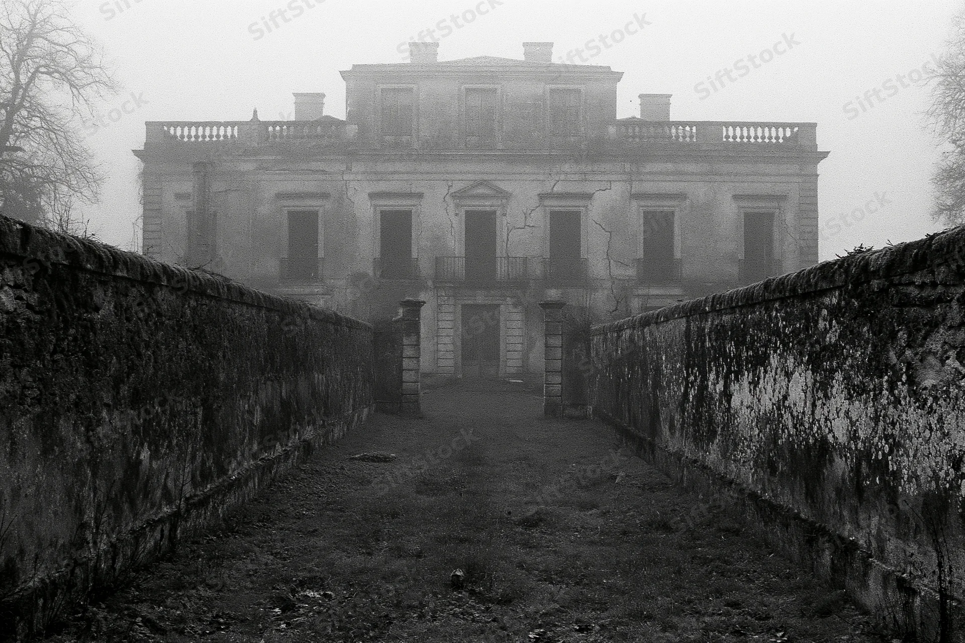 Abandoned neoclassical manor viewed through foggy pathway flanked by stone walls