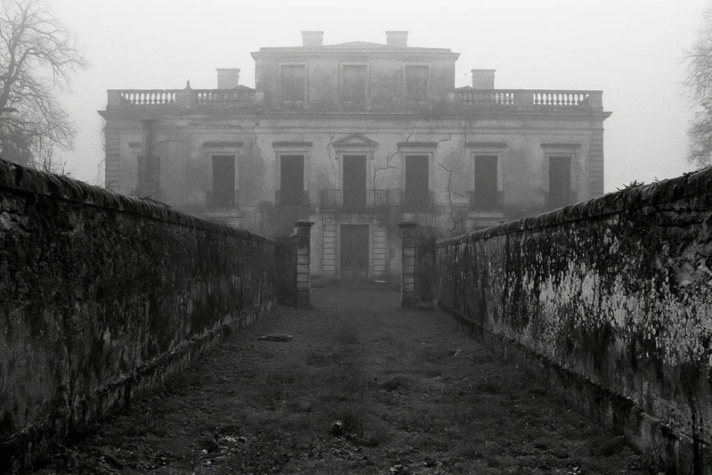 Abandoned neoclassical manor viewed through foggy pathway flanked by stone walls
