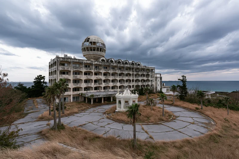 Abandoned japanese resort hotel with weathered concrete facade and circular dome overlooking the ocean