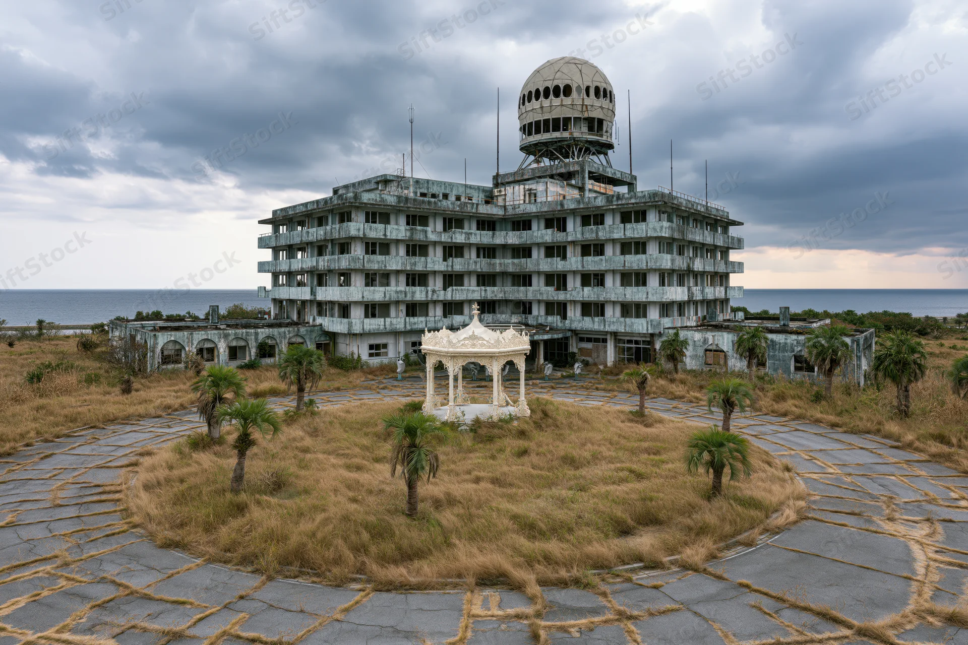 Abandoned resort hotel with weathered concrete facade and radar dome overlooking ocean, surrounded by overgrown grass and palm trees on cracked pavement