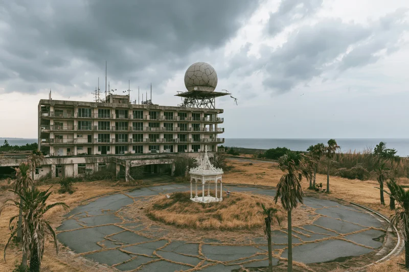 Abandoned resort hotel with weathered concrete facade and radar dome overlooking ocean, surrounded by overgrown palm trees and cracked pavement