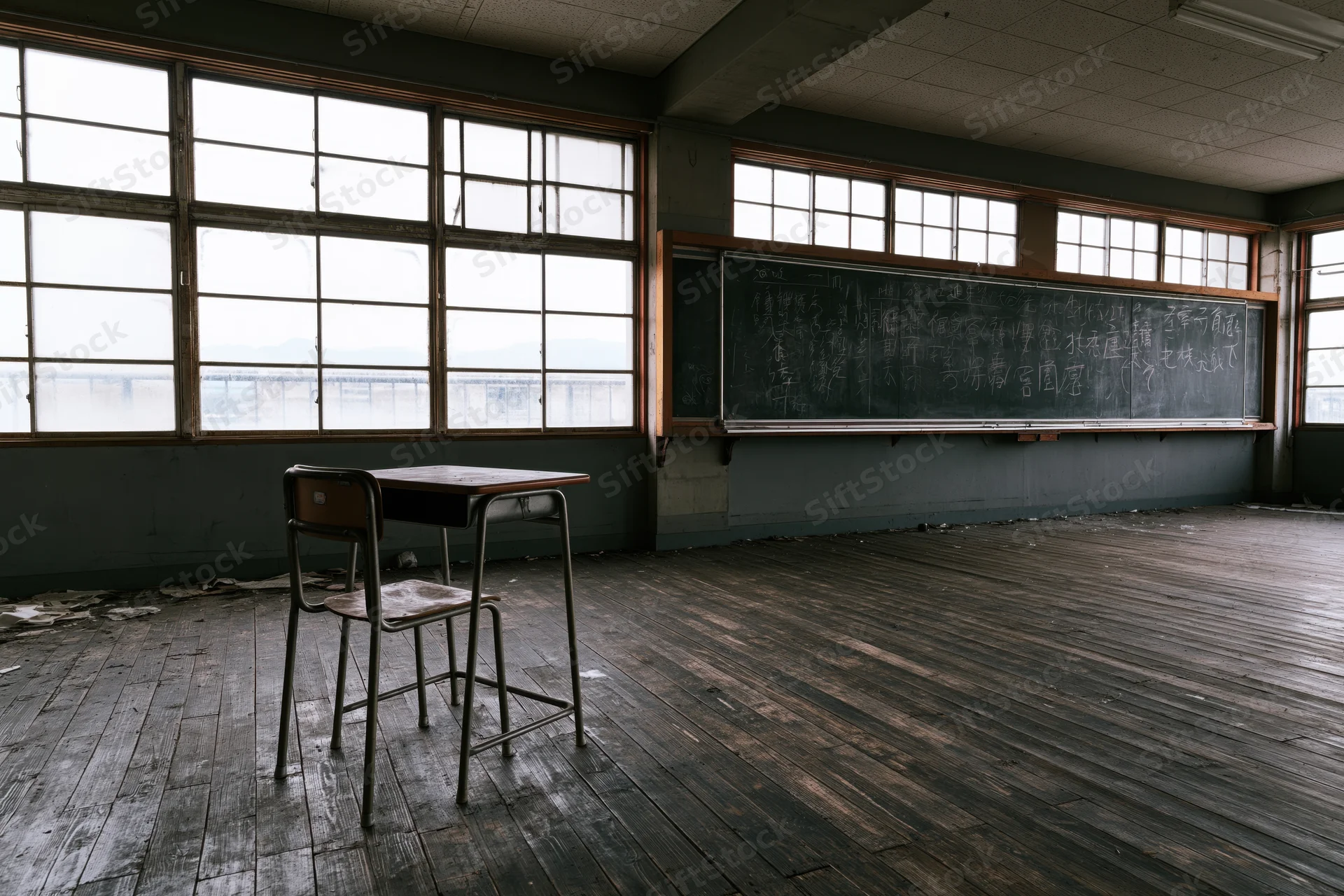 Single metal desk and chair in an empty abandoned japanese classroom with blackboard and large windows