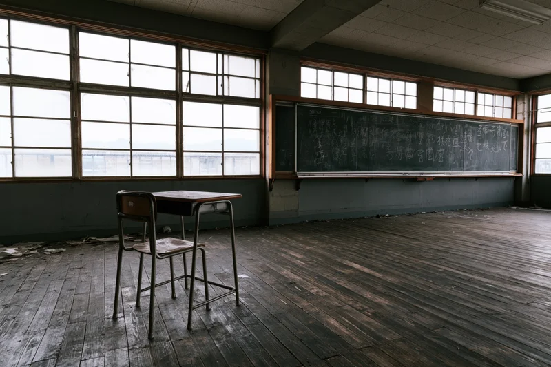 Single metal desk and chair in an empty abandoned japanese classroom with blackboard and large windows