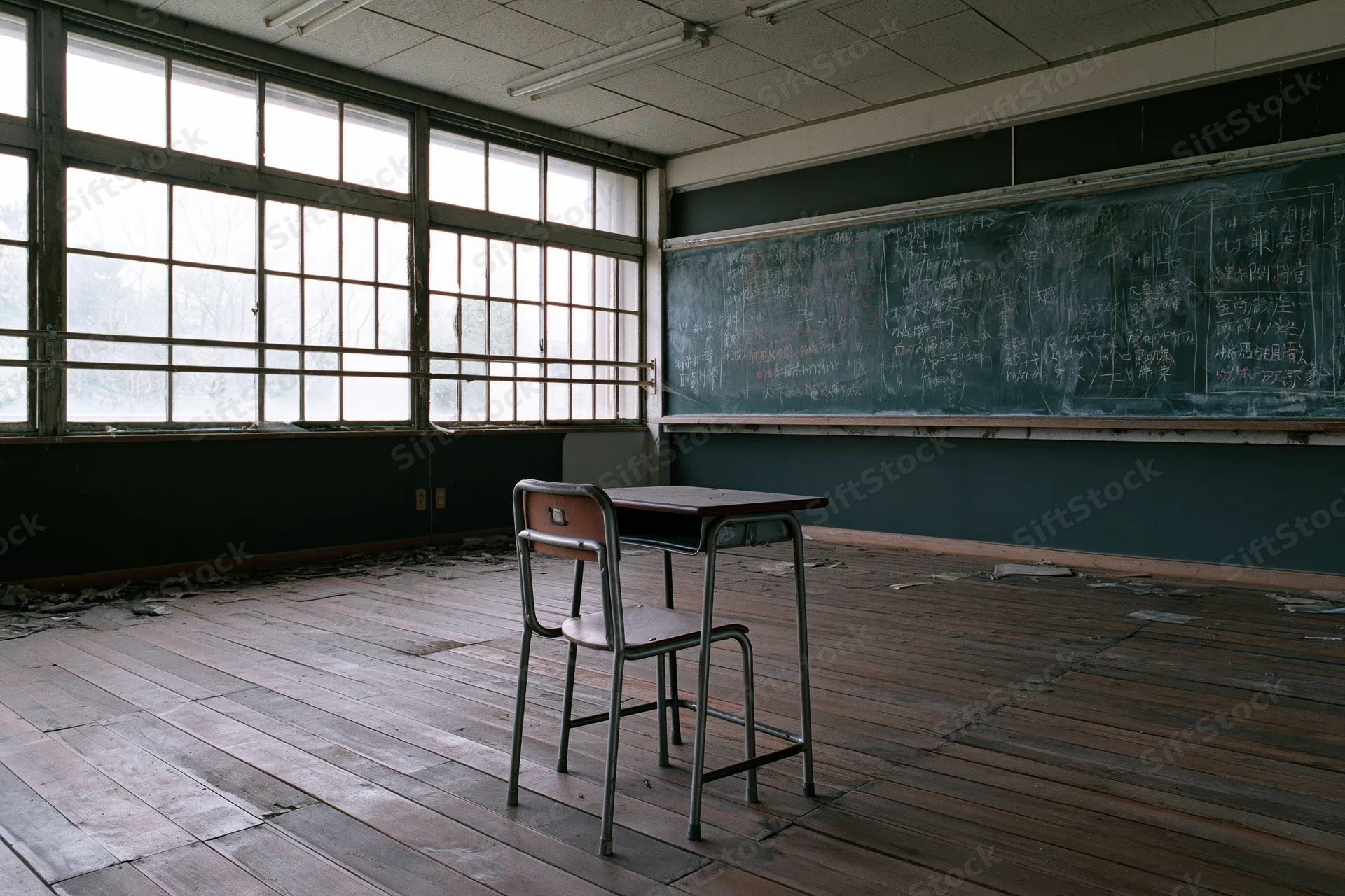 Single metal desk and chair in an abandoned Japanese classroom with chalkboard writing and wooden floor
