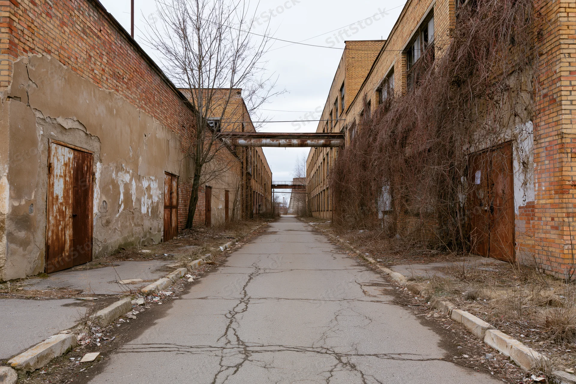 Narrow cracked pavement pathway between abandoned soviet-era industrial buildings with overgrown vines and rusted doors