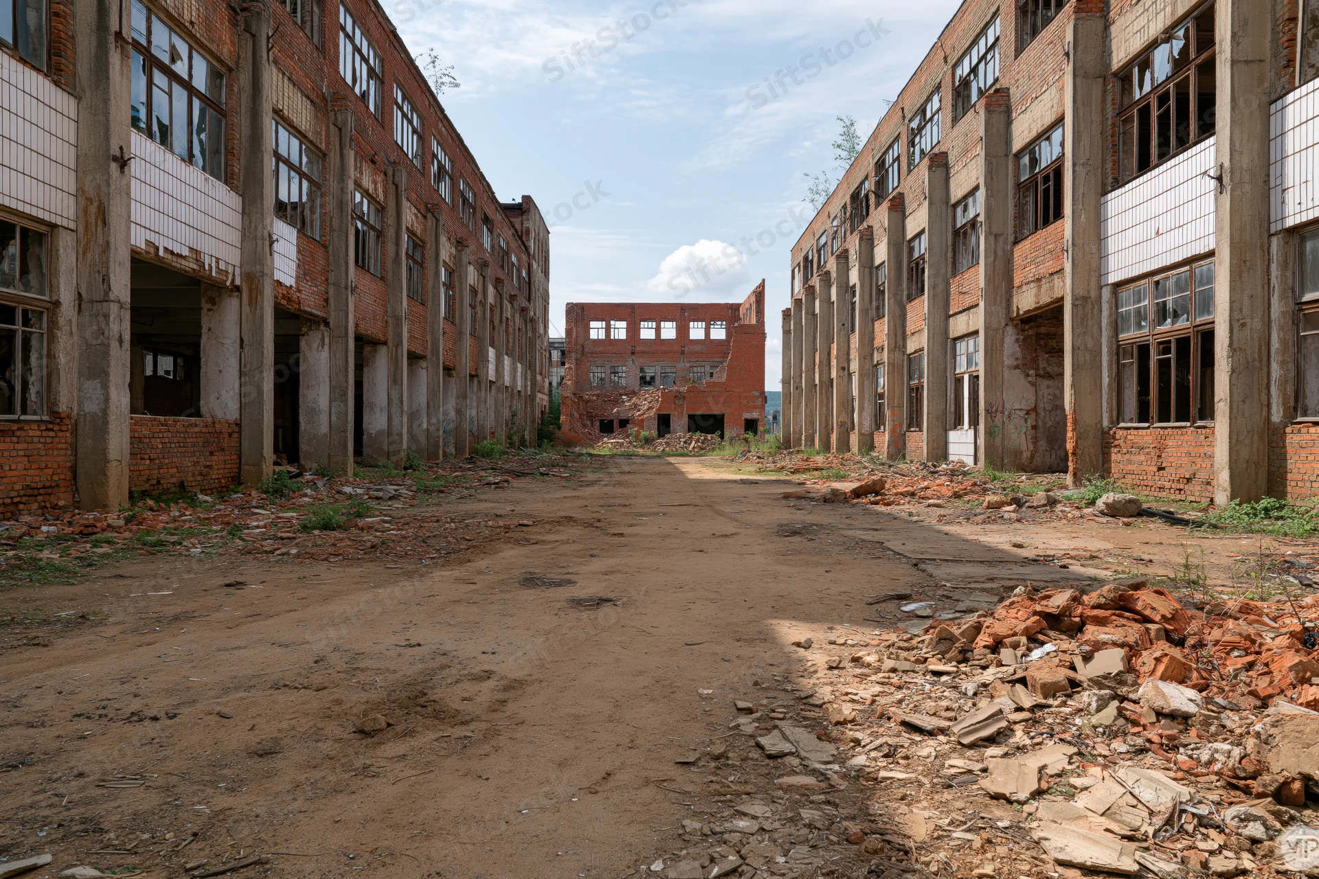Symmetrical dirt courtyard between decaying brick buildings in abandoned soviet-era industrial complex