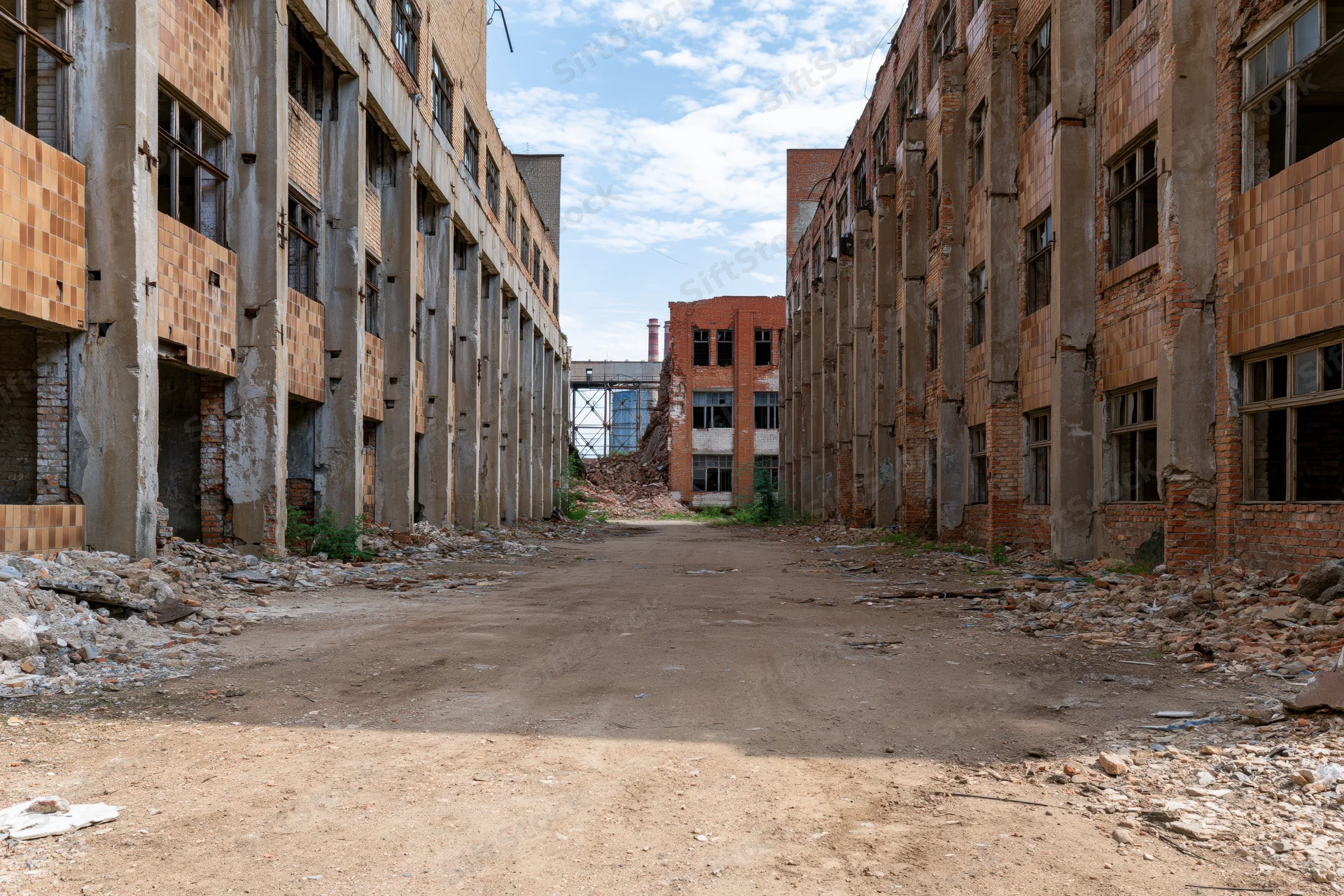 Symmetrical dirt courtyard between dilapidated soviet-era industrial buildings under a cloudy sky