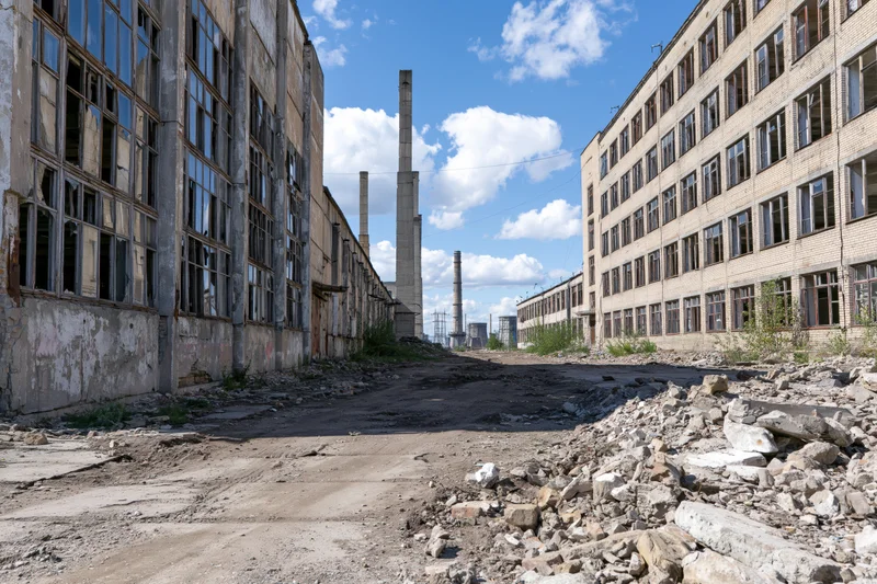 Wide alley between two dilapidated factory buildings in an abandoned soviet-era industrial complex