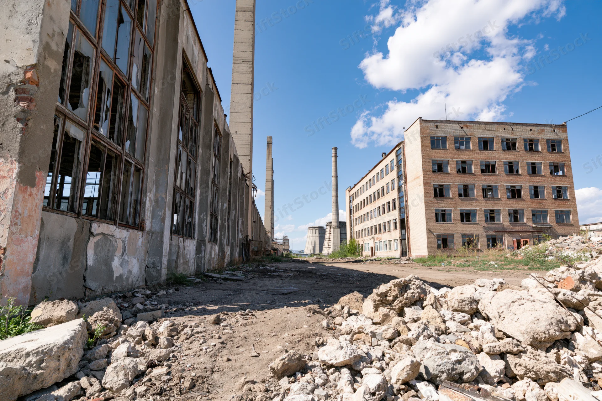 Wide alley between dilapidated soviet-era factory buildings under blue sky with clouds