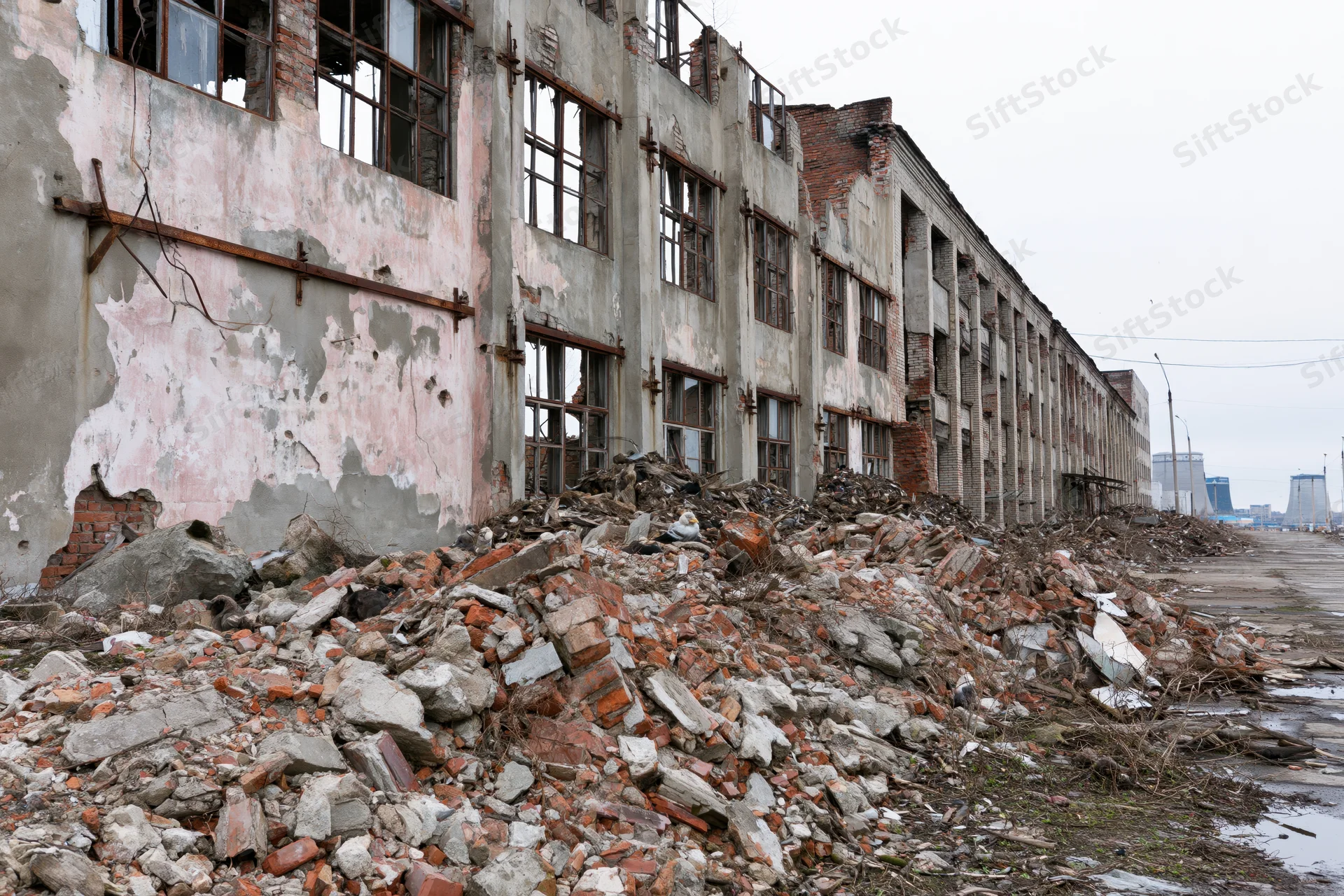 Abandoned soviet-era industrial factory building with crumbling walls and rubble pile along the side of a paved road