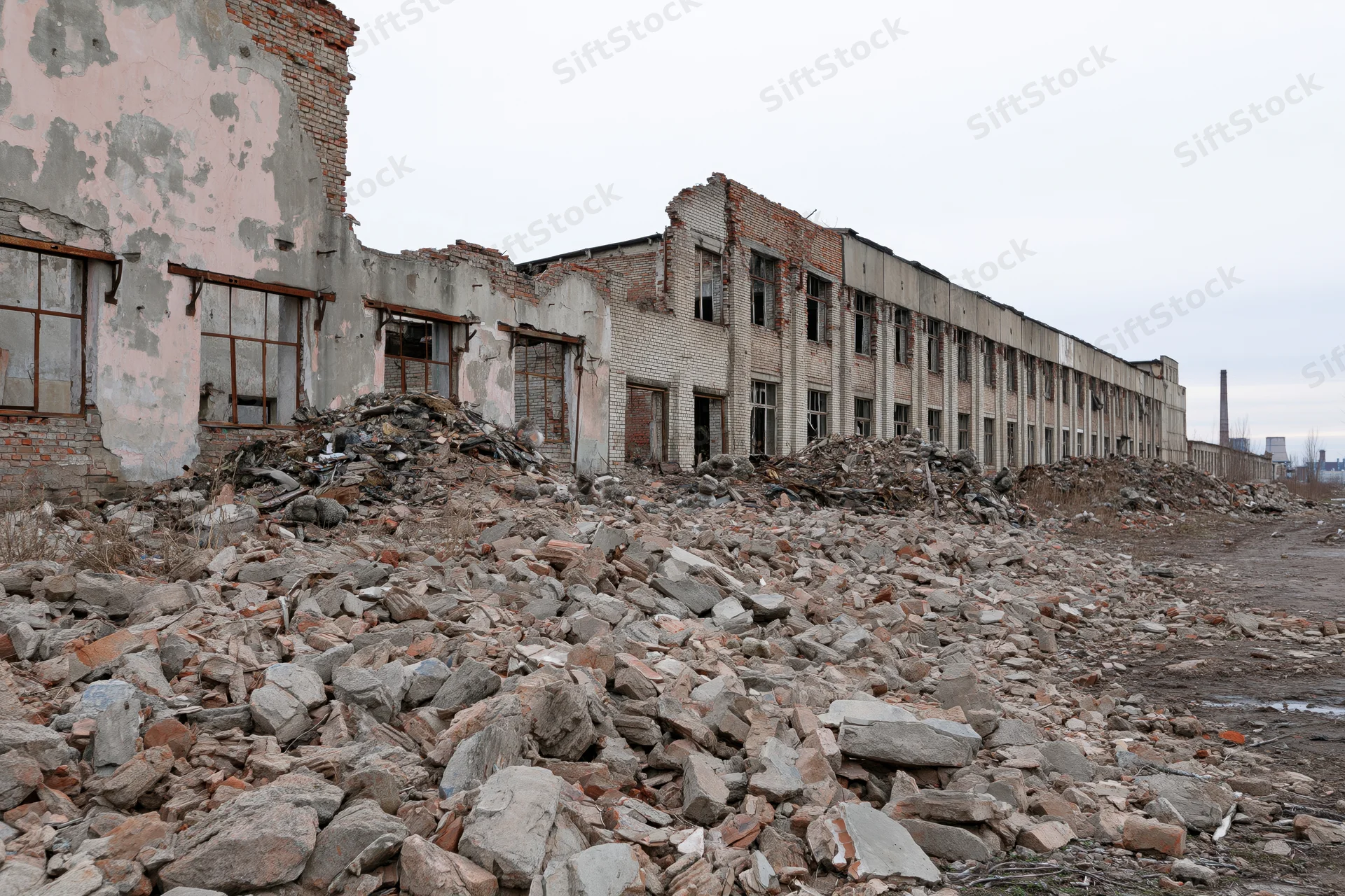 Abandoned soviet-era industrial factory building with crumbling walls and rubble pile in foreground