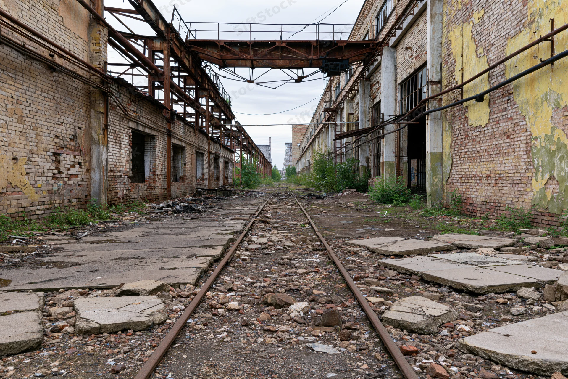 Abandoned soviet-era industrial factory complex with rusted rail tracks and overgrown vegetation between brick buildings