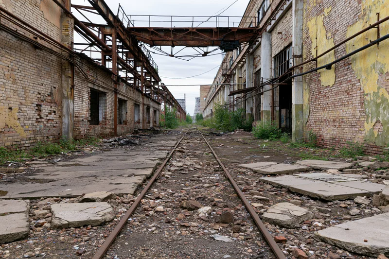 Abandoned soviet-era industrial factory complex with rusted rail tracks and overgrown vegetation between brick buildings