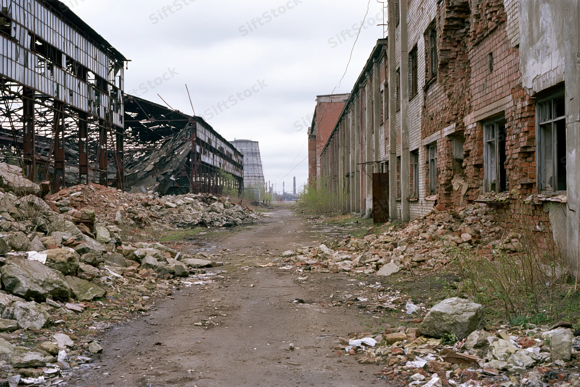 Symmetrical view of abandoned soviet industrial complex with crumbling buildings and rubble-lined pathway