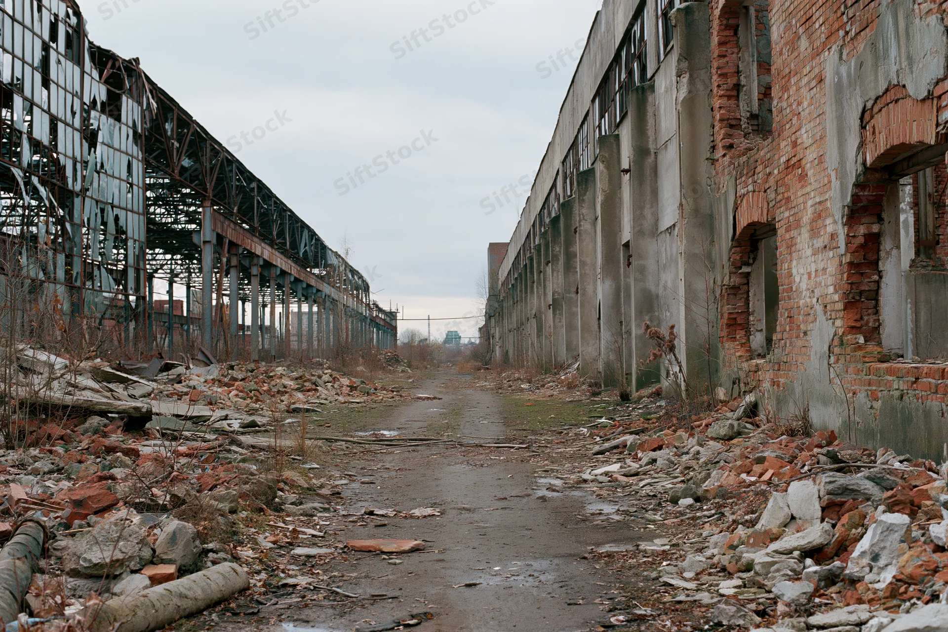 Symmetrical corridor through abandoned soviet industrial complex with crumbling brick walls and scattered rubble