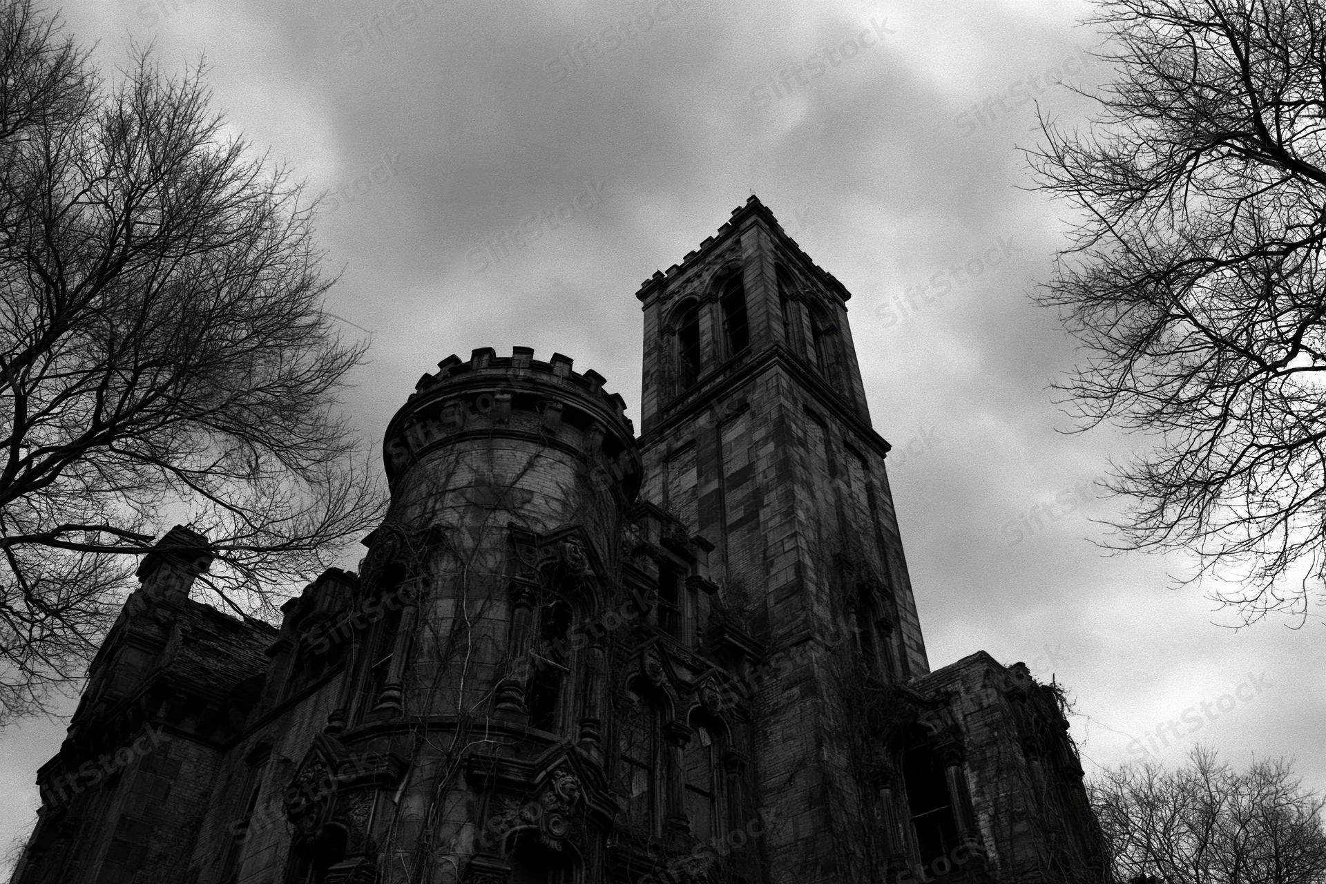 Low-angle view of abandoned victorian gothic mansion with stone tower and turret under cloudy sky framed by bare trees