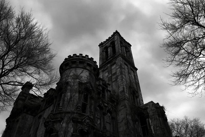 Low-angle view of abandoned victorian gothic mansion with stone tower and turret under cloudy sky framed by bare trees