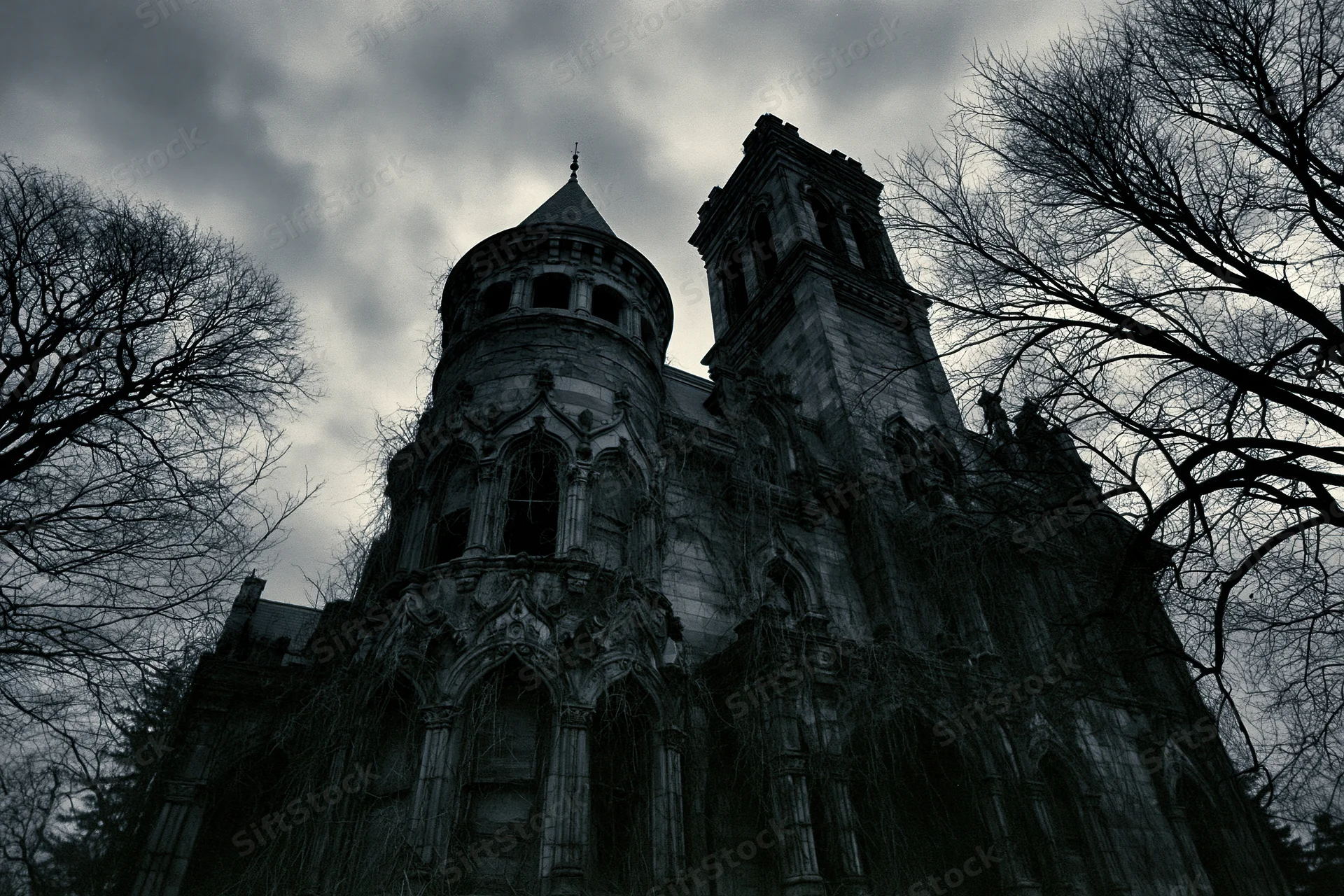 Low-angle view of an abandoned victorian gothic mansion with ivy-covered stone towers and bare trees under an overcast sky