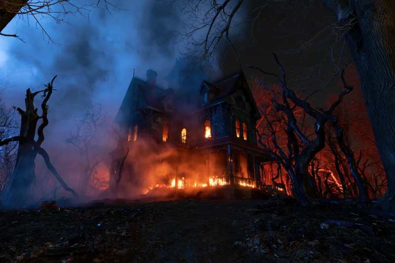 Abandoned victorian house burning at night surrounded by bare trees and smoke