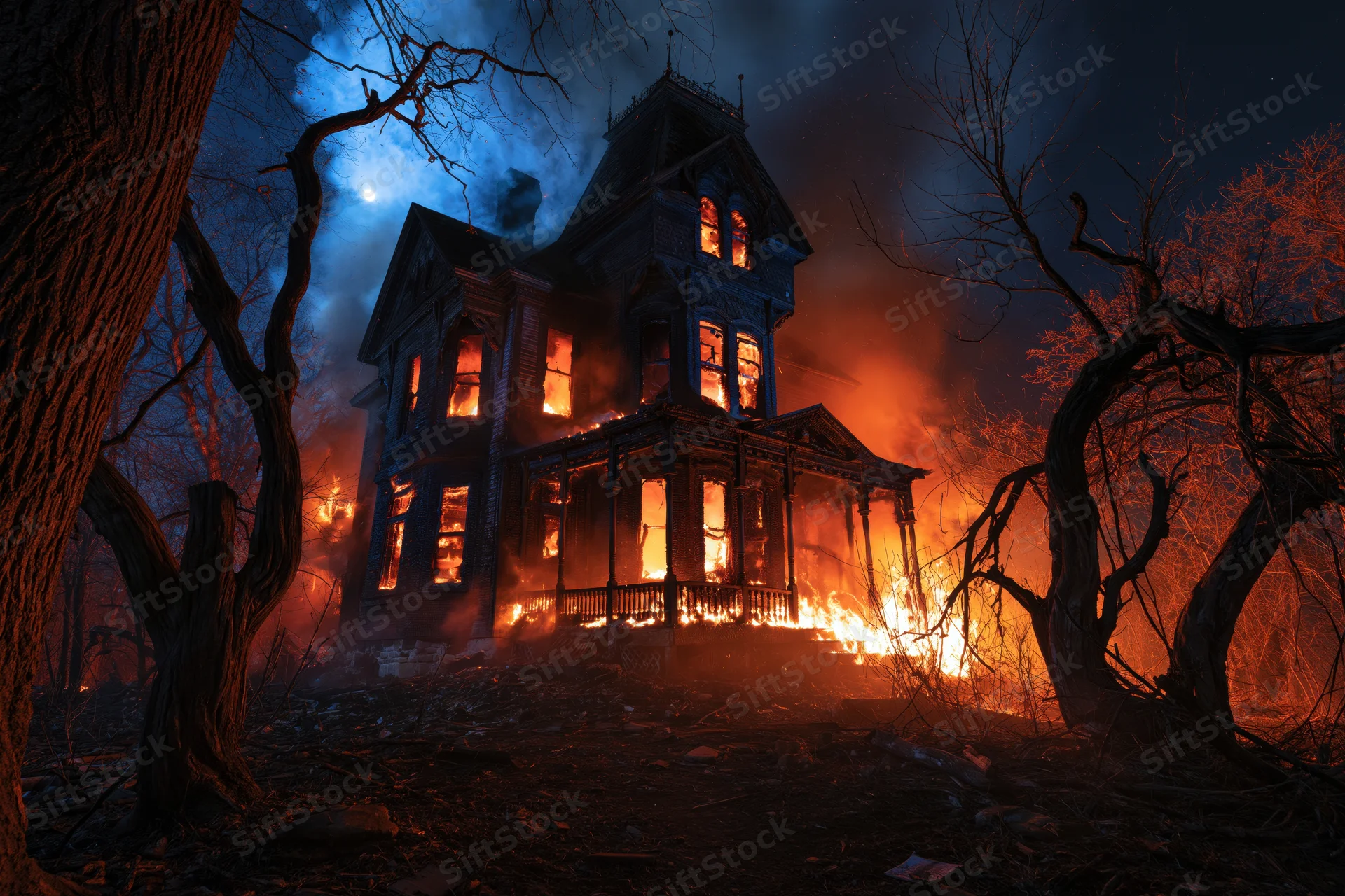 Abandoned victorian house engulfed in flames at night surrounded by bare trees under a dark moonlit sky