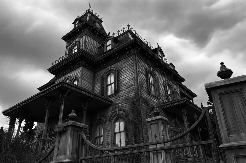 Abandoned victorian mansion with ornate wooden exterior and ivy under stormy sky