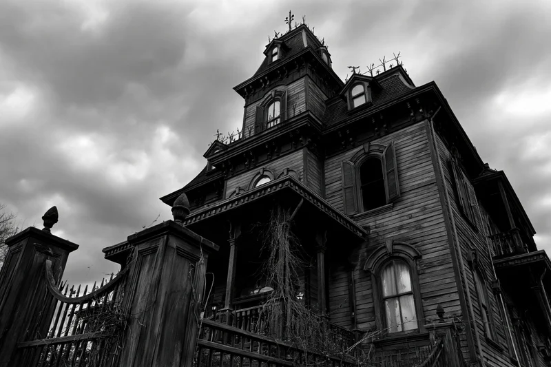 Abandoned victorian mansion with weathered wood and ornate details under stormy sky, viewed from low angle through wrought iron gate