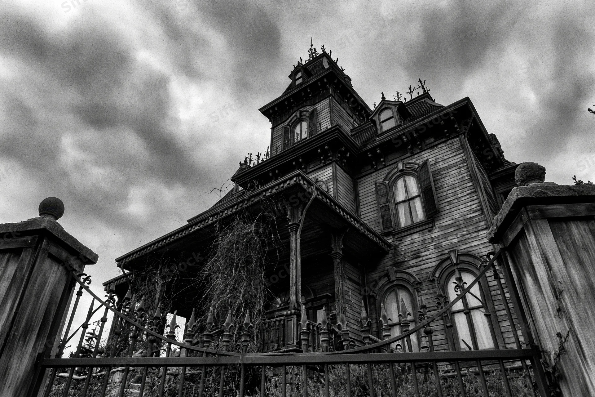 Abandoned victorian mansion with weathered wood and overgrown vines under stormy sky, viewed from low angle through iron gate