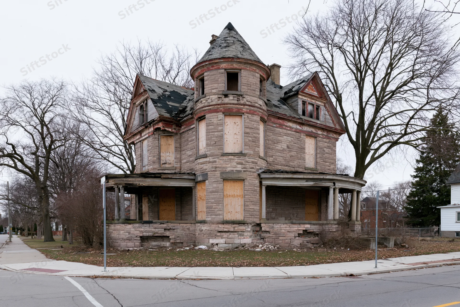 Abandoned victorian mansion with corner turret and boarded windows on a residential street corner