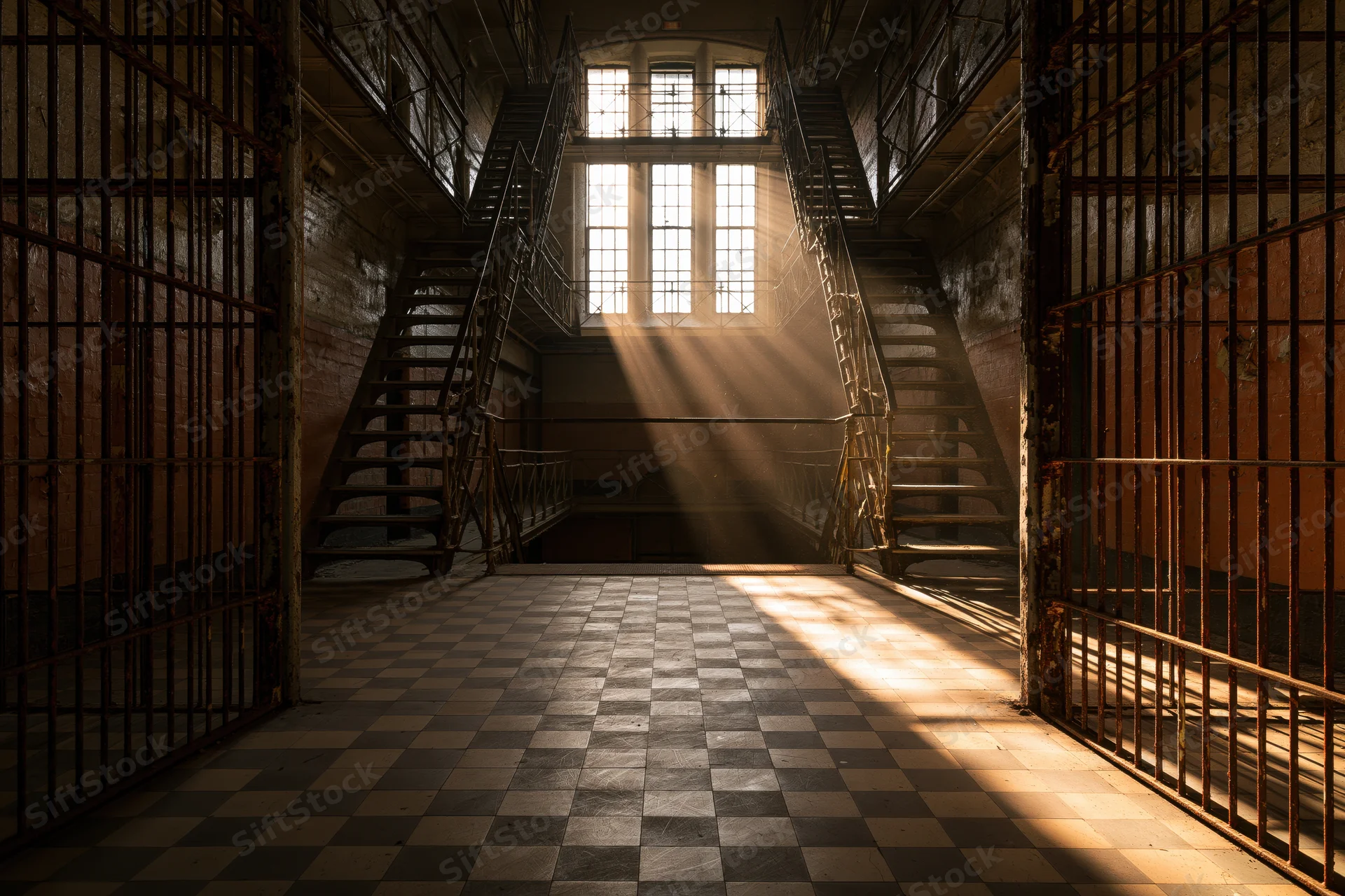 Empty main hall of abandoned victorian prison with sunlight streaming through high windows onto checkered floor and rusted iron bars