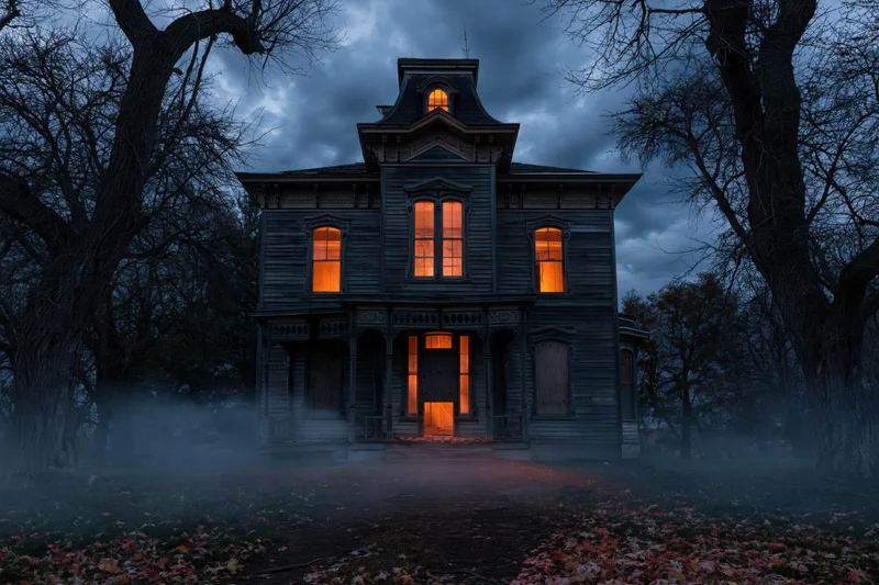 Abandoned victorian house glowing with orange light at night surrounded by fog and bare trees