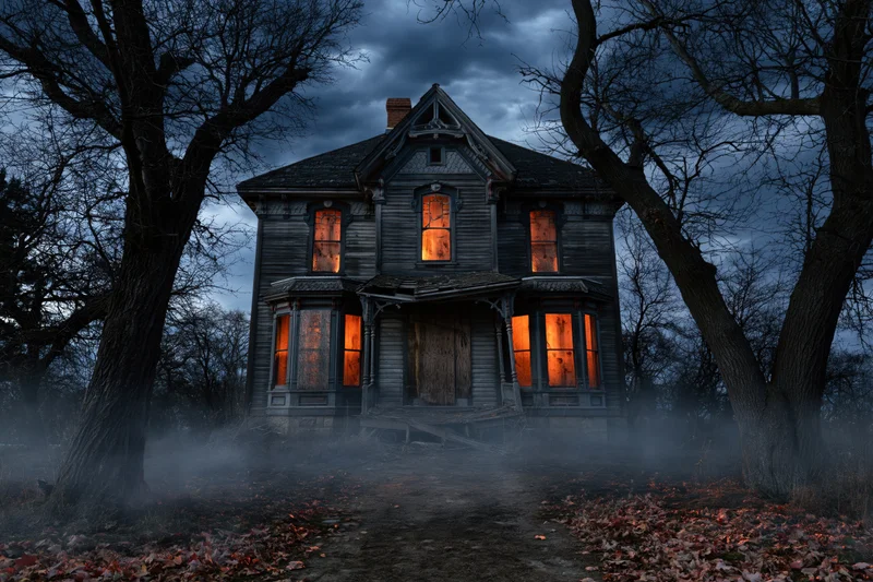 Abandoned victorian house glowing orange at night with fog and bare trees