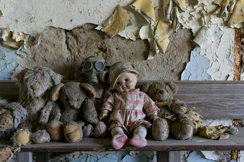 Doll and stuffed toys arranged on a shelf in a derelict room with peeling paint and decayed walls