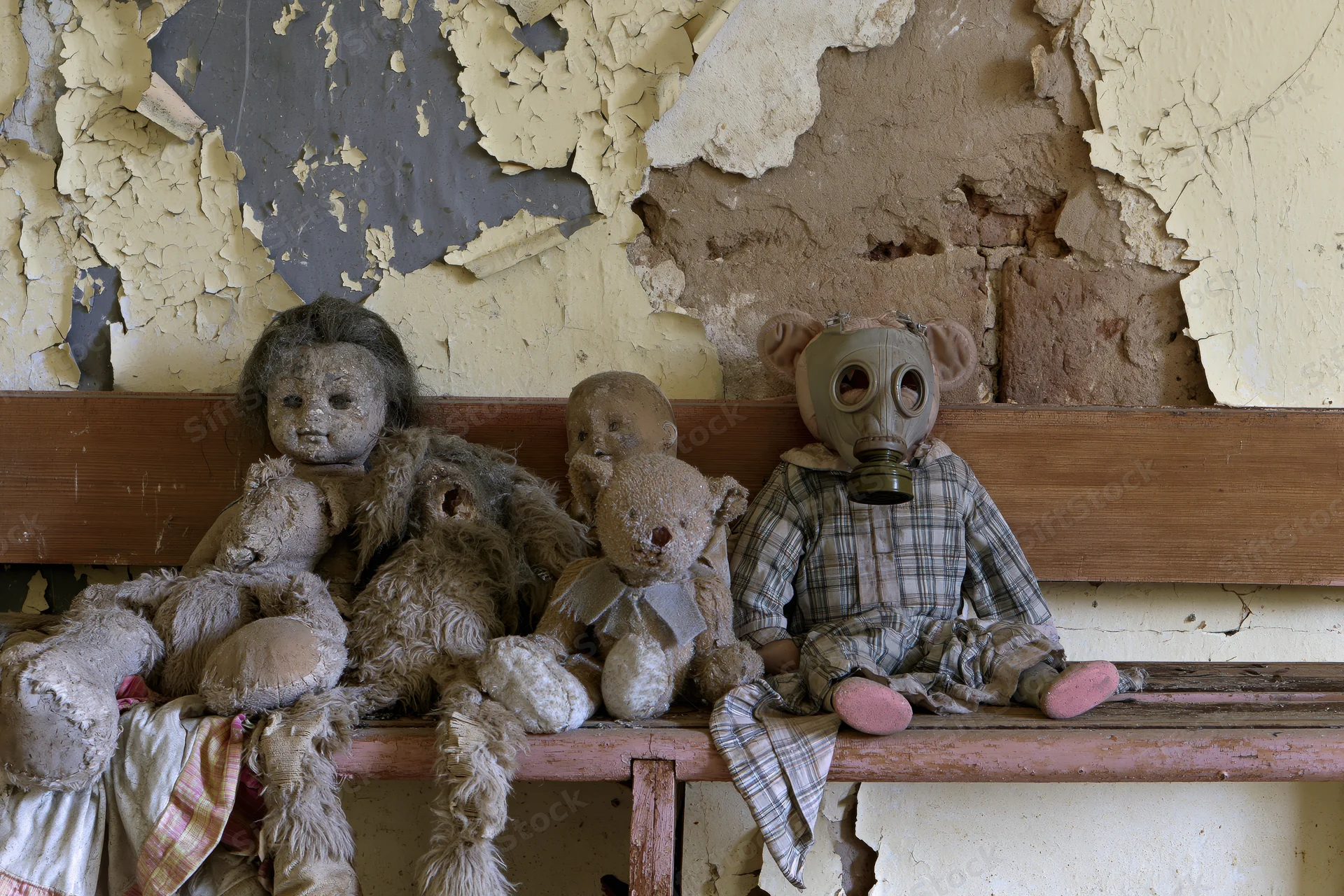 Dusty dolls and stuffed toys arranged on a wooden shelf in a decaying room with peeling paint