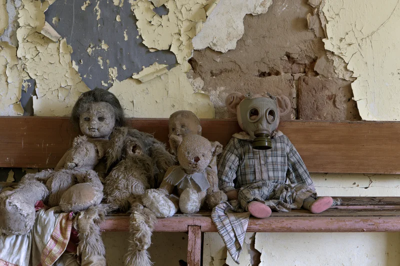 Dusty dolls and stuffed toys arranged on a wooden shelf in a decaying room with peeling paint