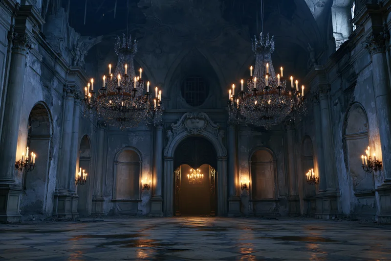 Empty decaying baroque ballroom interior with chandeliers and candlelight reflecting on stone floor