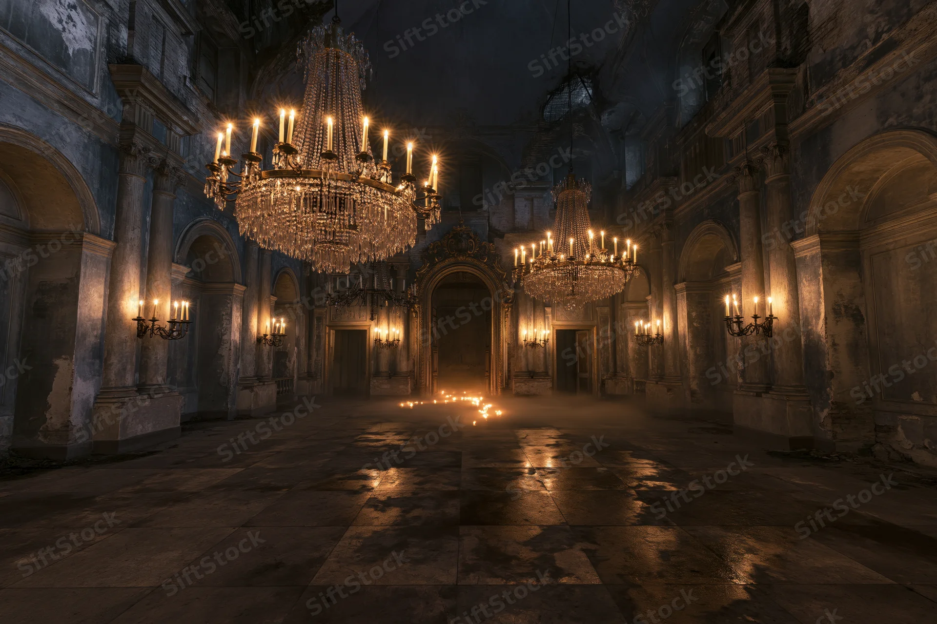 Abandoned baroque ballroom interior with decaying walls and lit chandeliers, dimly lit by candles and reflections on wet stone floor