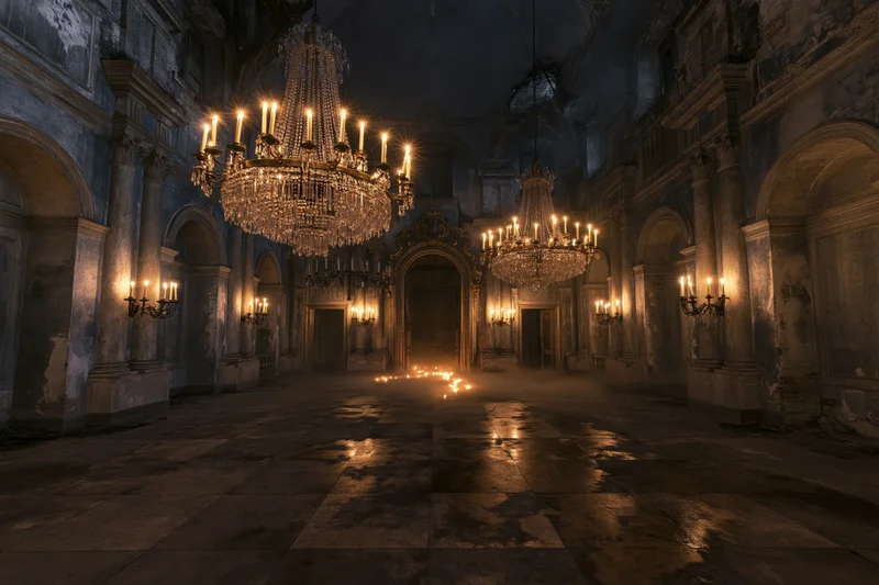 Abandoned baroque ballroom interior with decaying walls and lit chandeliers, dimly lit by candles and reflections on wet stone floor