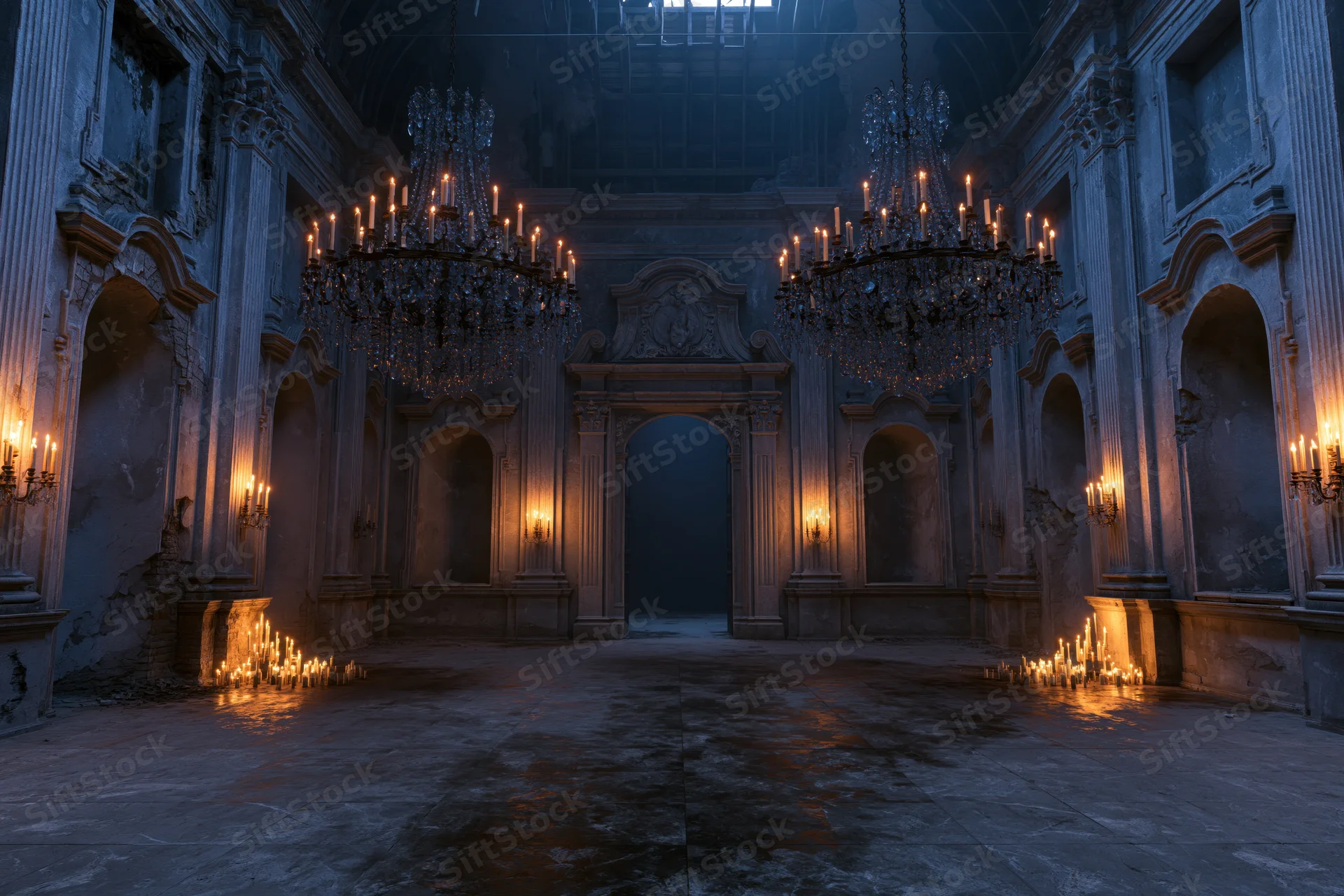 Abandoned baroque ballroom interior with chandeliers and candles lit in decaying grandeur